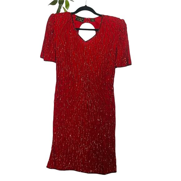 Beaded Red Dress Vintage Pure Silk Short Sleeve Cocktail Dress M Back Cutout - Picture 1 of 4